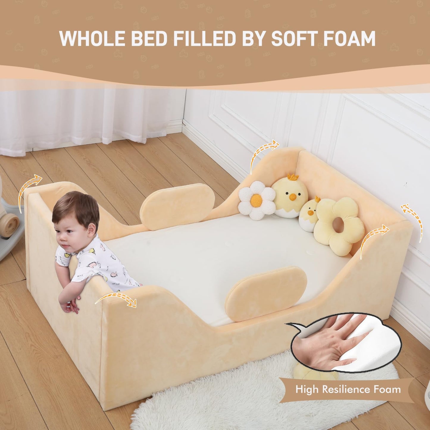weeonekids Toddler Bed, Child Bed for Kids with Extra Safty Broad, Standard Crib Size Toddler Bed, Certified Fabric Toddler Beds,Toddler Flood Bed (Yellow)
