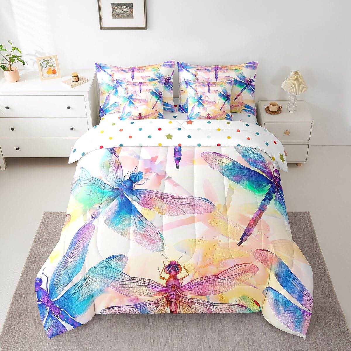 Erosebridal Rainbow Dragonfly Bedding Set 7Pcs,Gradient Ombre Dragonflies Comforter Set Queen,Fantasy Flying Wildlife Safari Animal Bed in a Bag
