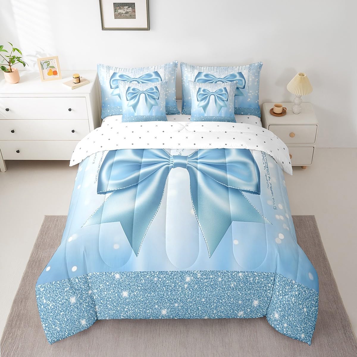 Feelyou Kids Cute Bowknot 7 Pieces Bedding Set Twin Size, Dreamy Princess Comforter Set with Sheets Boys Girls Glitter Bed in A Bag Blue Bow Teens Bed Set Bedroom Decor 7Pcs