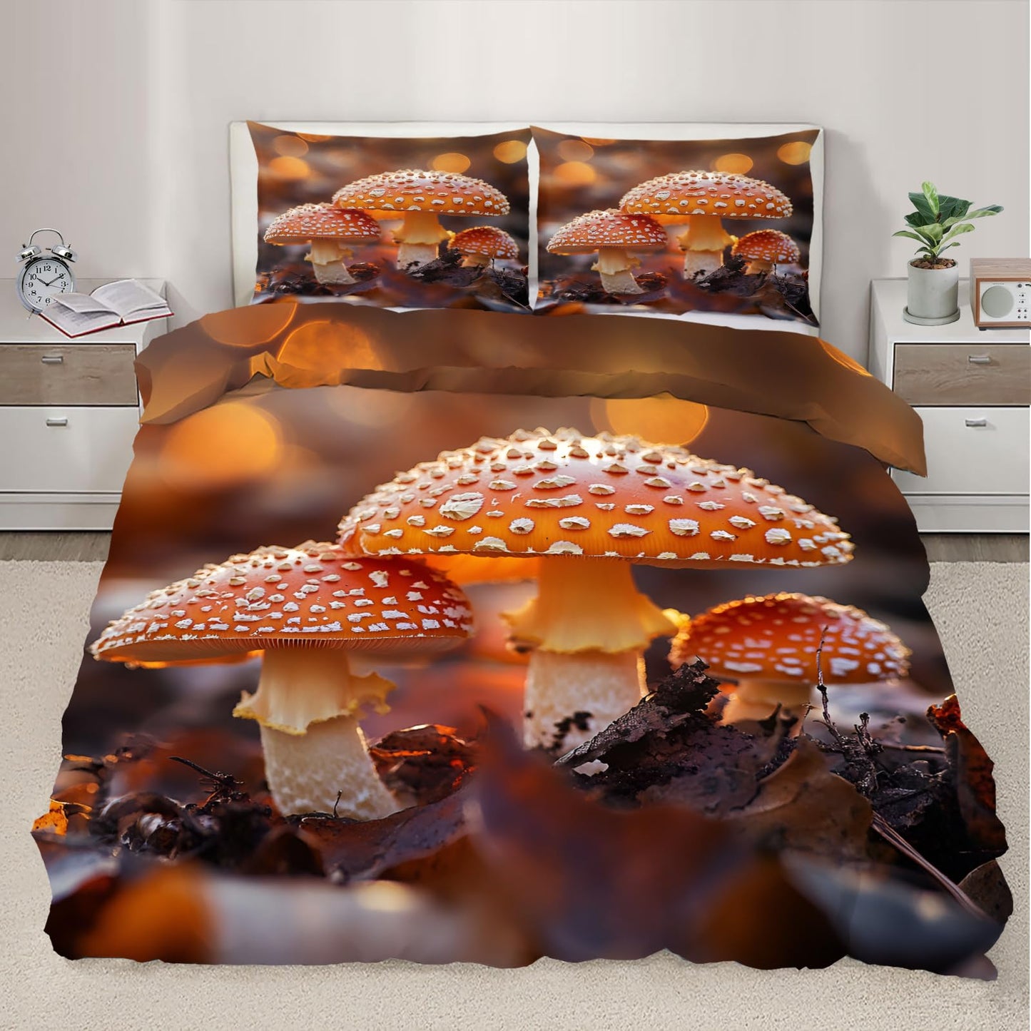 QINYUN Wild Mushroom Duvet Cover King Size, Fantasy Orange Mushrooms Bedding Set 3 Piece Bedroom Decor Autumn Comforter Cover and 2 Pillow Sham with Zipper Closure
