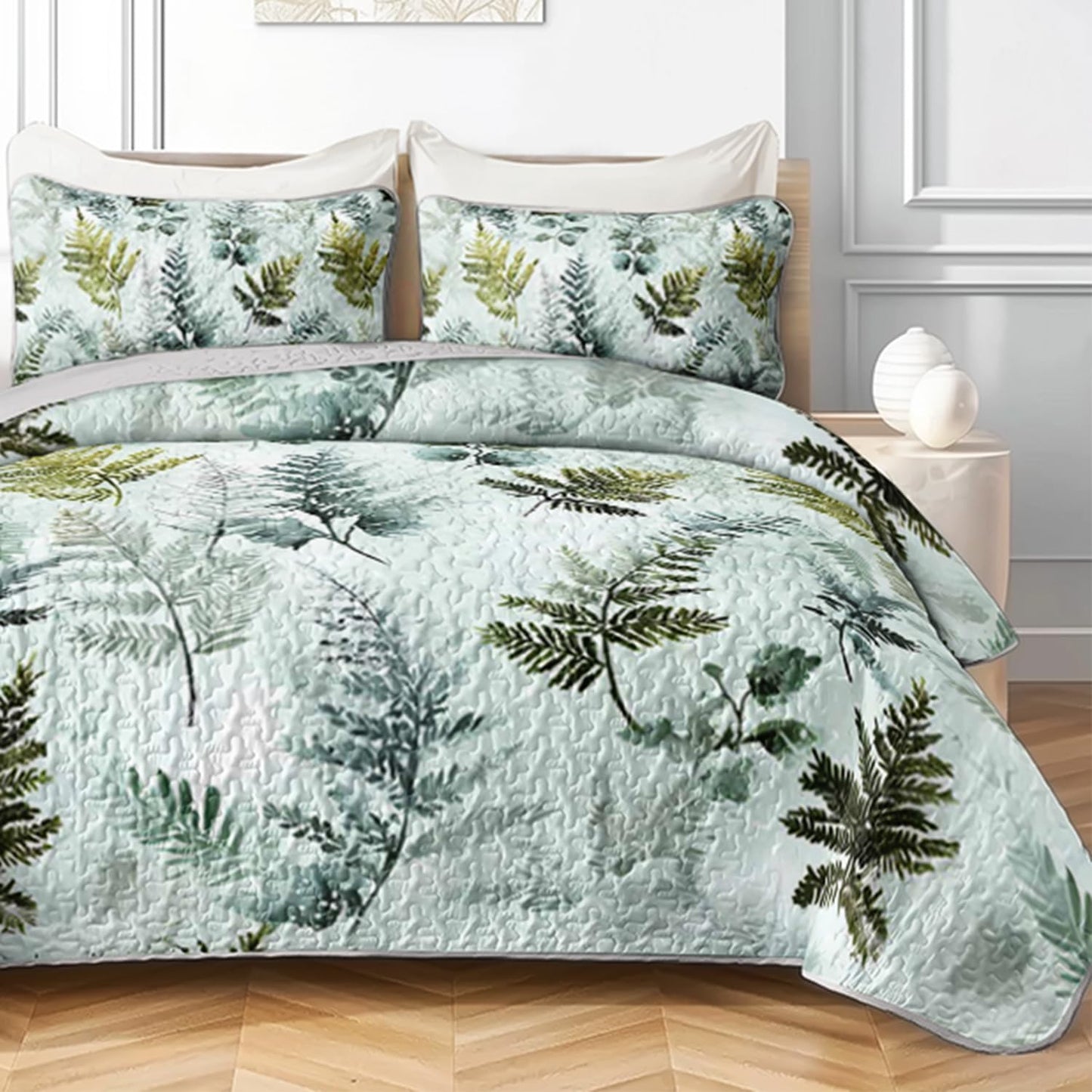 AILONEN King Size Green Leaves Print Quilted Comforter Set, 3-Piece Botanical Forest Bedspread Coverlet,Nature Quilted Bedding with 2 Pillowcases