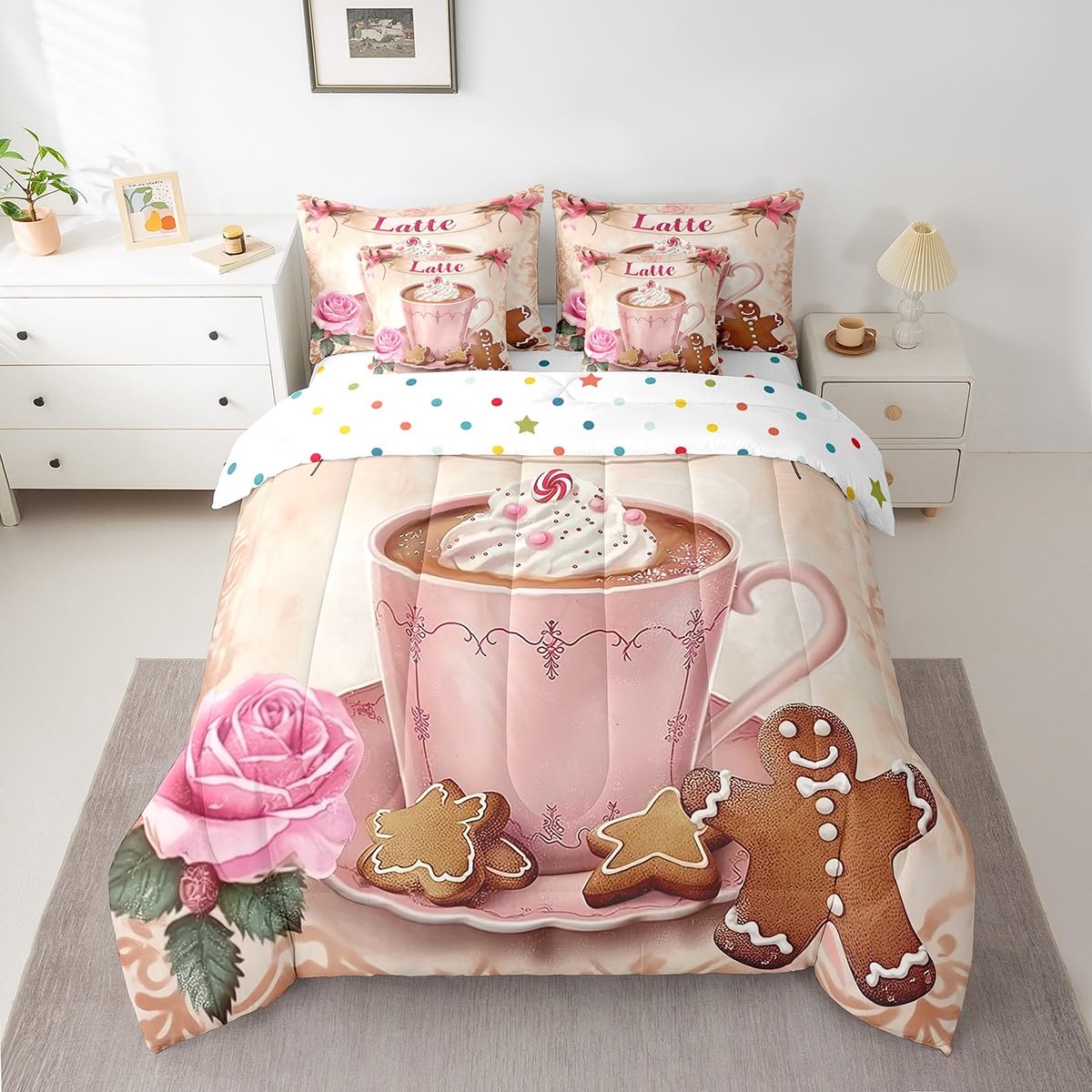 Erosebridal Girls Latte Bedding Set for Kids Teens,Pink Bowknot Roses Comforter Set Full Size,Delicious Dessert (Comforter+Fitted+Flat Sheet+2 Pillowcases+2 Throw Pillow Covers) 7 Pieces Bed Set