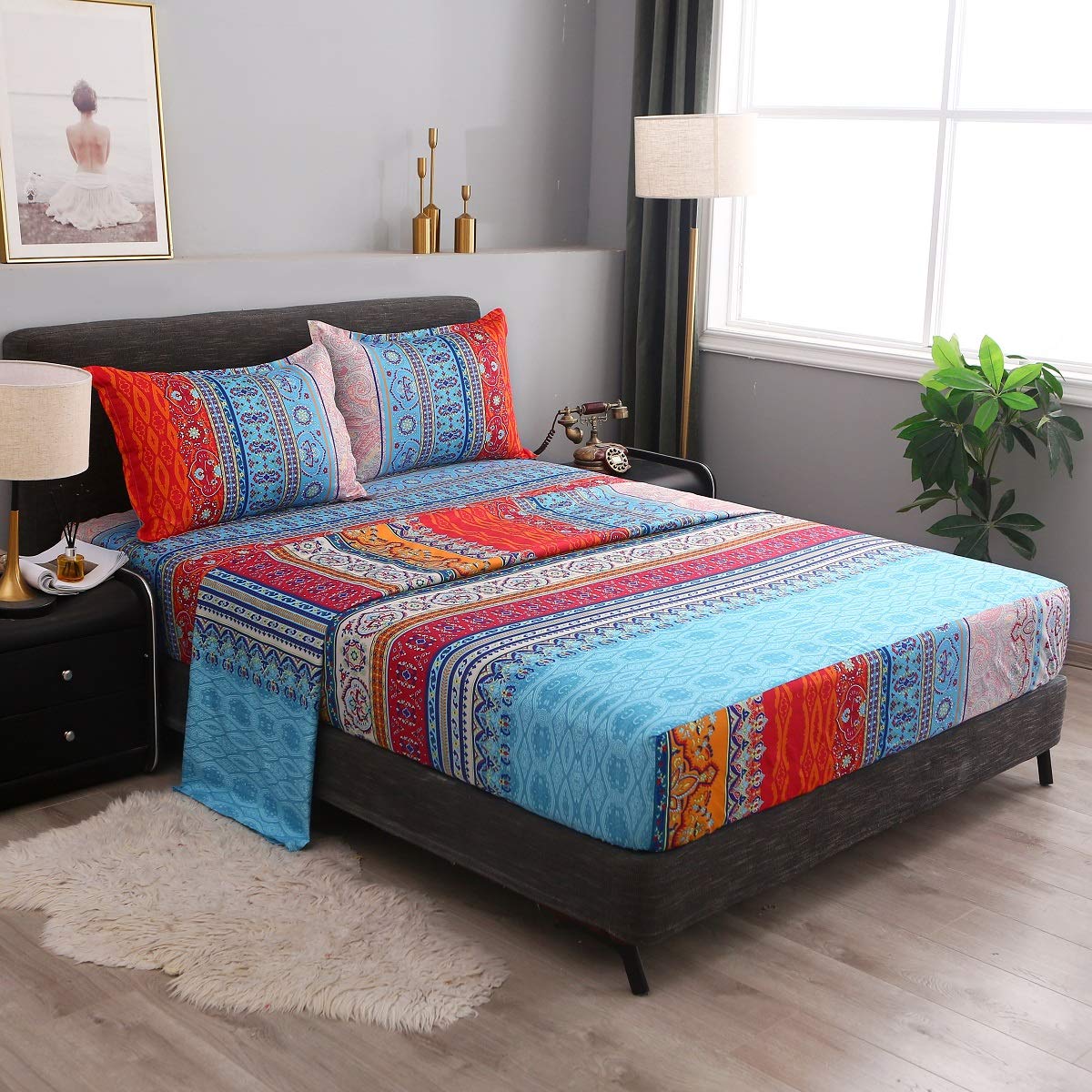 Pangzi Bohemian Sheet Set,Retro Bed Sheets 16 inch Deep Pockets,1 Fitted Sheet, 1 Flat, 2 Pillow Cases - 4 Piece (Queen, A)