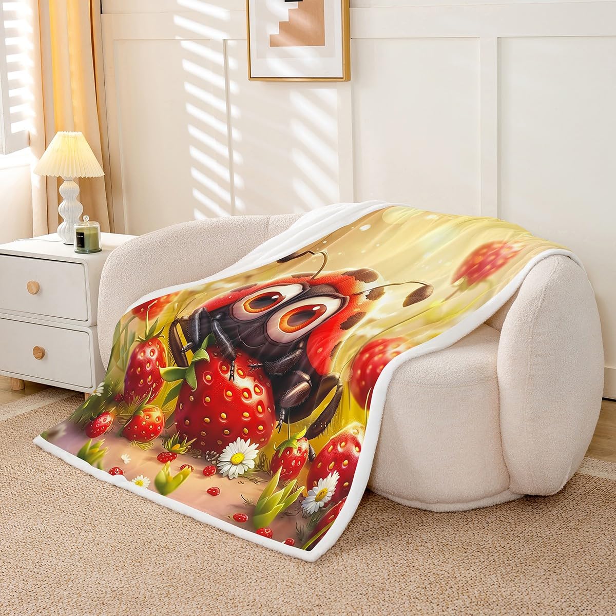 Erosebridal Cute Ladybug Fleece Blankets Throw 50"X60" Cartoon Animal Throw Bed Blanket Fruit Strawberry Kawaii Ladybird Sherpa Blankets Spring Garden Lovely Reptile Fuzzy Blanket for Kids Boys Girls