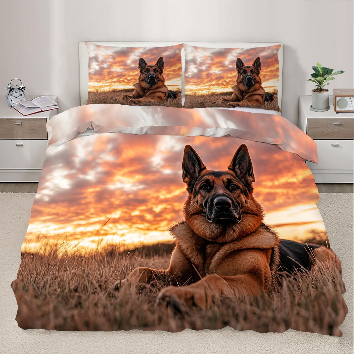 PAISUOQ Dog Print Bedding Sets Full Sunset Landscape Comforter Cover with Zipper Ties, German Shepherd Lovers Duvet Cover with 2 Pillowcases, 3 Pieces，Bedroom Decor & Gifts