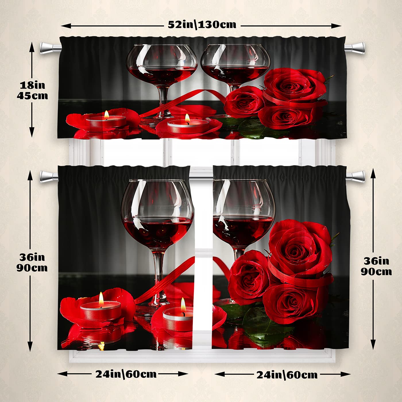 FNLNDO Red Wine Rose Kitchen Curtains and Valances Set 3 Pieces Red Rose Kitchen Curtains Floral Window Treatments for Cafe Living Room