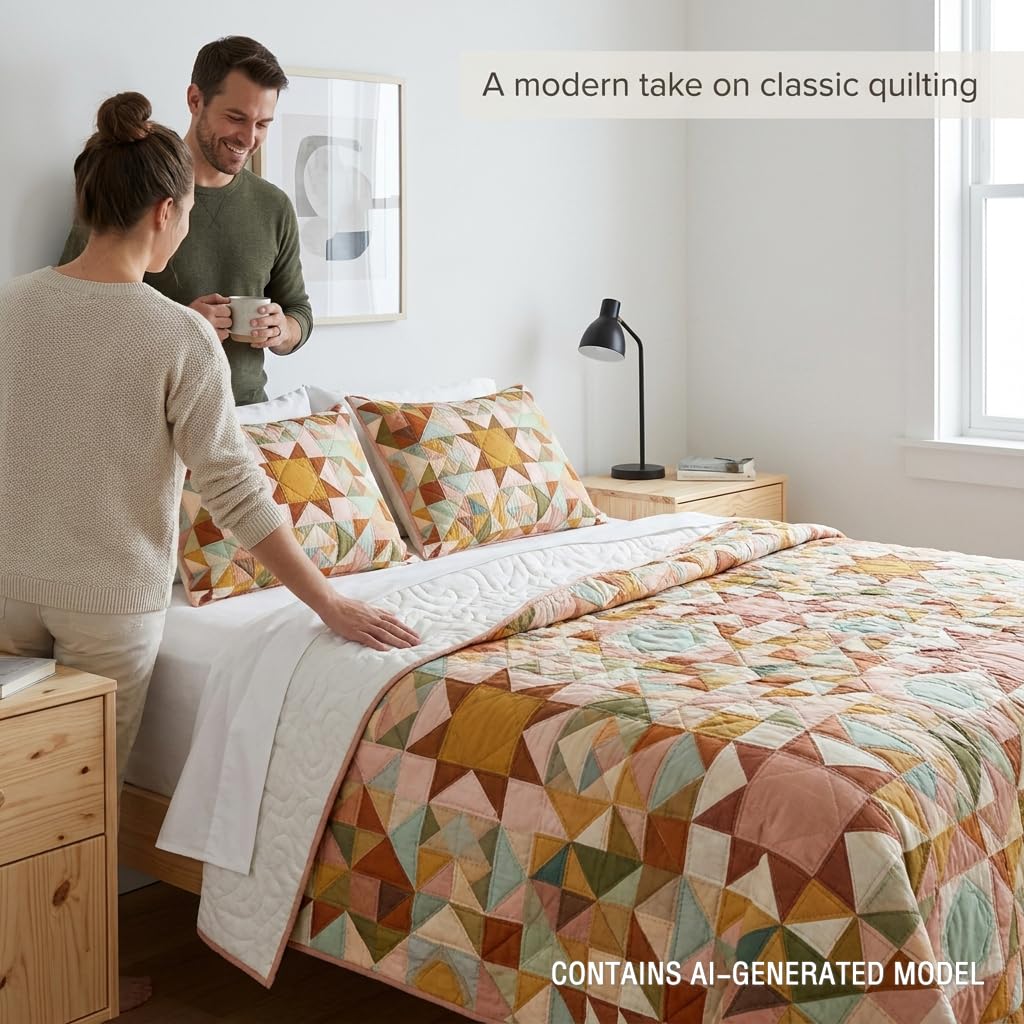 Quilt Set Rustic Geometric Star Patchwork Bedspread for Farmhouse Bedroom Decor, Soft Lightweight Microfiber Coverlet with Matching Shams, Easy Care Machine Washable, Full/Queen