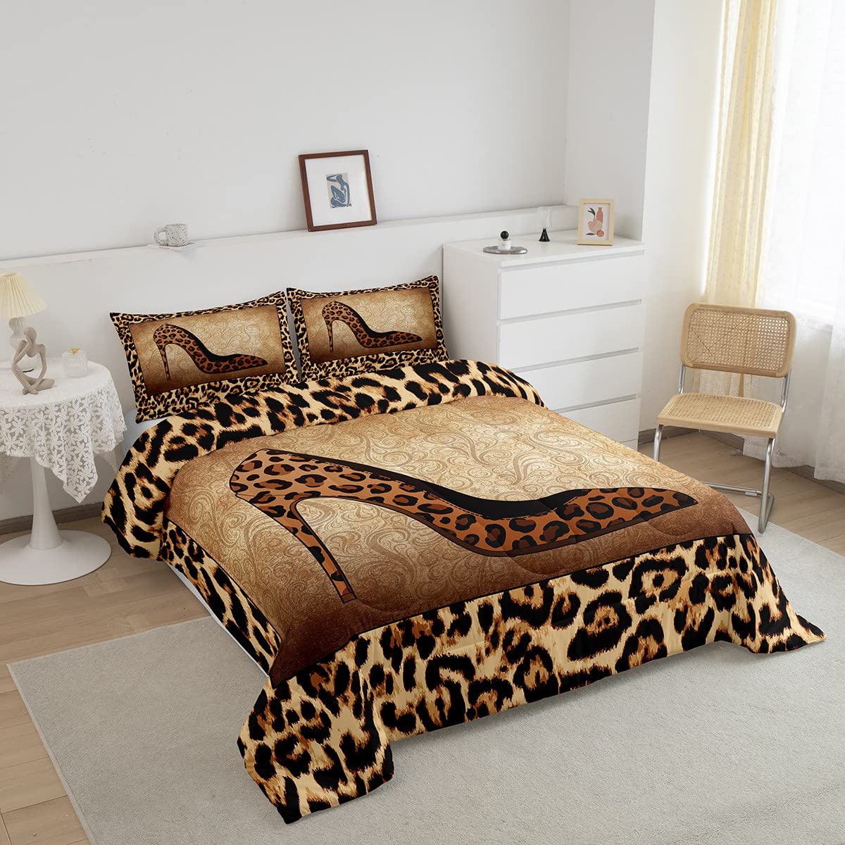 Leopard High Heels Bedding Set Full Size Romantic Mandala Floral Comforter Set 3pcs for Kids Girls Women Adult Room Decor Wild Animals Skin Quilt Set Fashion Brown Duvet Insert,2 Pillowcases