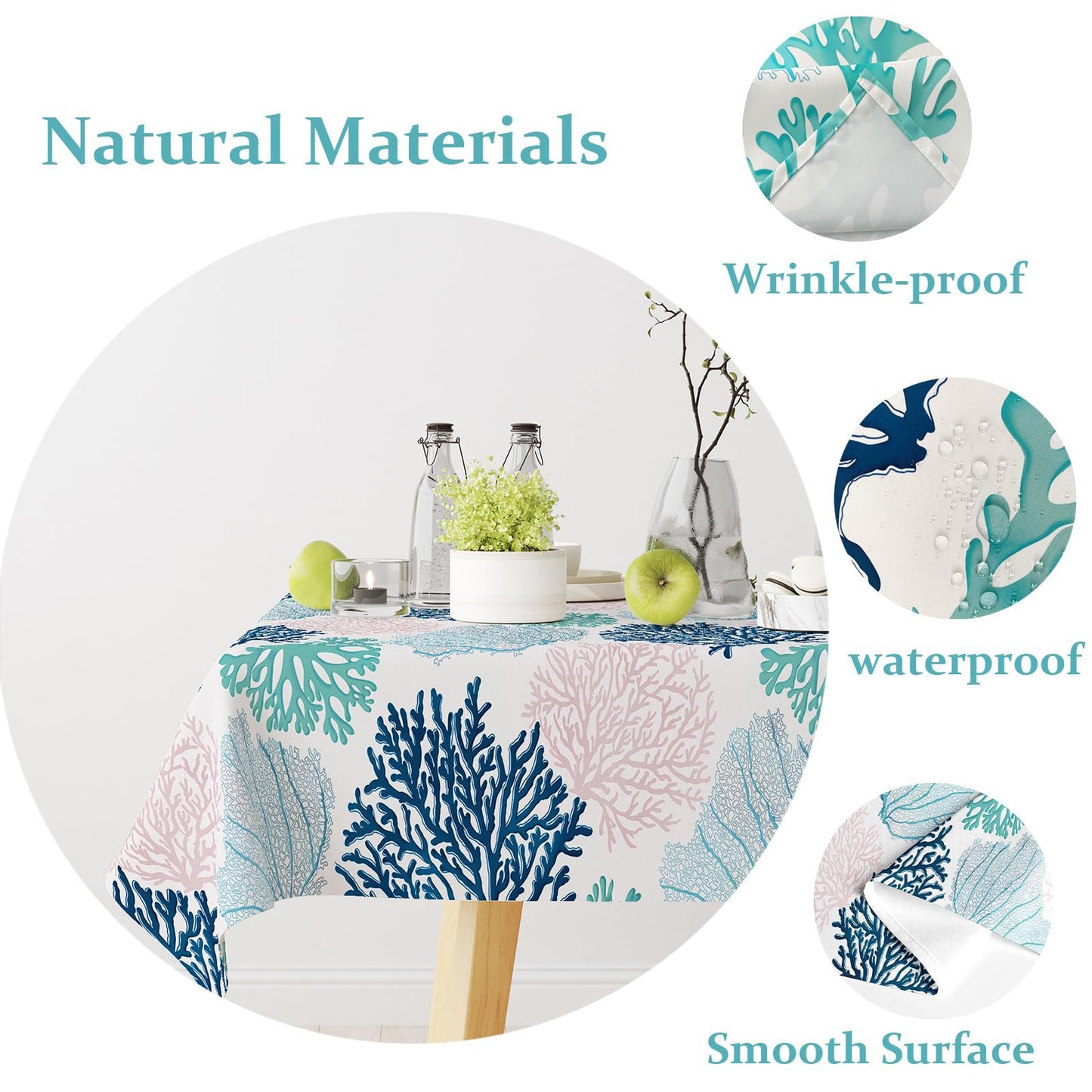Ocean Tablecloth Coastal Nautical Rectangle Tablecloth Coral Print Ocean Themed Beach Decorative Waterproof Table Covers for Outdoor Dining Room Kitchen Living Room, 60x84 Inches, Navy/Blue/Teal/