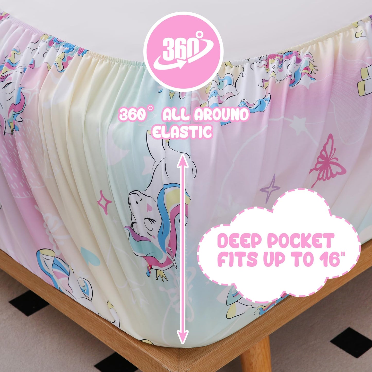 Yibeizi Twin Sheets Set Kids, Rainbow Unicorn Pattern Microfiber Single Bed Sheets, Cute Soft Oeko-Tex Extra Deep Pocket Sheets & Pillowcases Cooling Hypoallergenic Wrinkle Free Bedsheets
