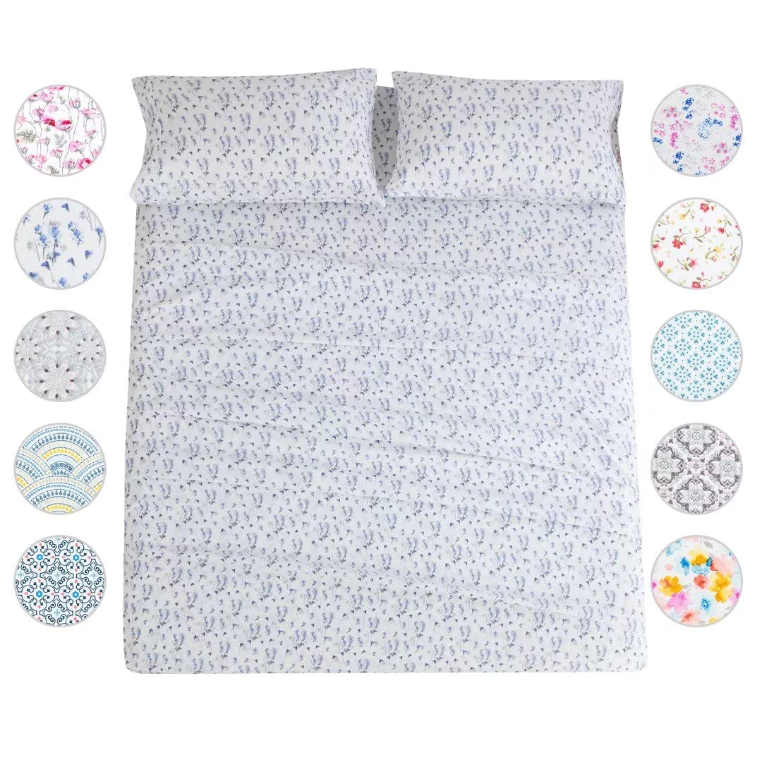 California King Sheet Set 4PC Printed Light Blue Flower Pattern Double Bed Luxury Cooling Soft 100% Microfiber Brushed Sheets 17” Deep Pocket, Easy Care, Breathable, Wrinkle Free, Machine Washable