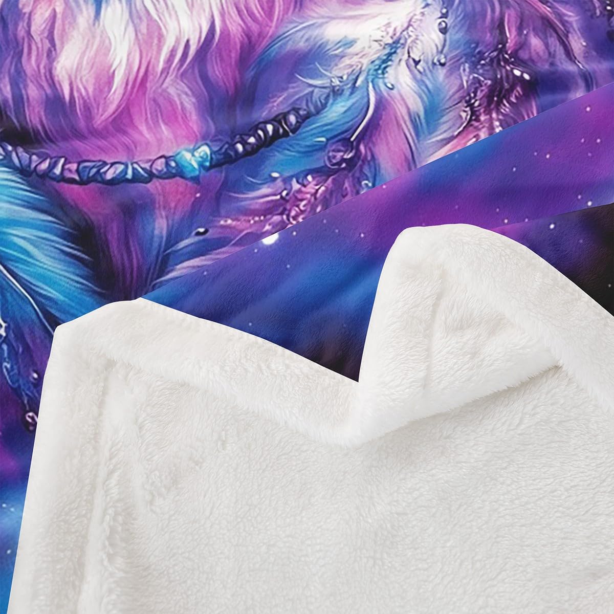 Erosebridal Twin Size Wolf Fuzzy Plush Throw Tribal Animal Fleece Blanket Bohemian Feather Wildlife Sherpa Blanket for Kids Adult Women Men Starry Sky,Purple Decor for Sofa Couch Decor