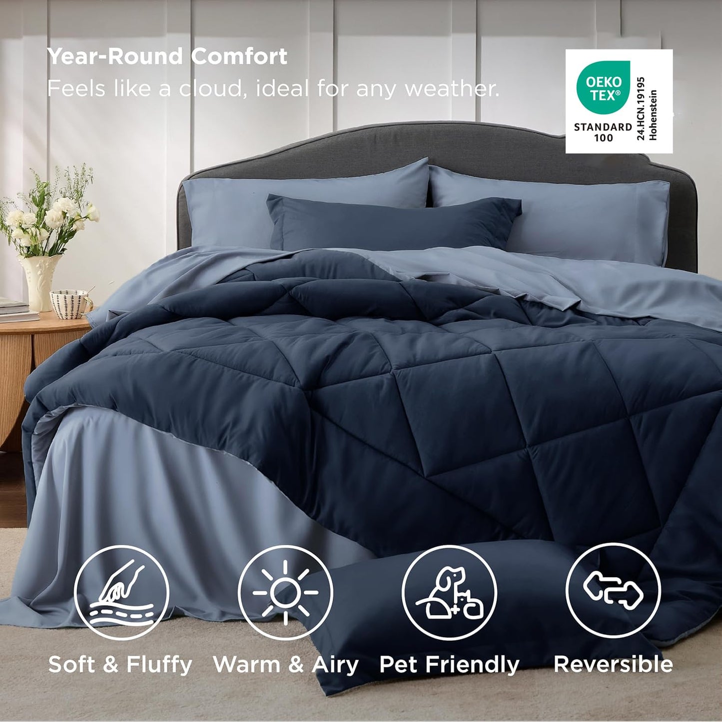 Bedsure Blue Queen Comforter Set - 7 Pieces Reversible Navy Blue Bed in a Bag, Blue Comforter Set Queen Size for All Seasons with 1 Flat Sheet, 1 Fitted Sheet, 2 Pillowcases and 2 Pillow Shams