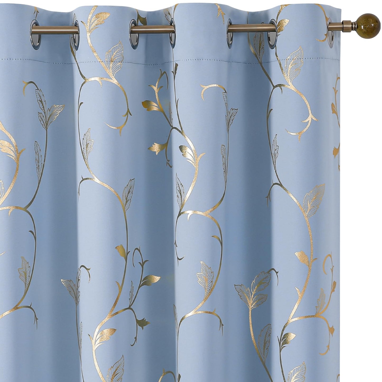 BUHUA Blackout Curtains Gold Foil Print Flower Vine Grommet Drapes, Room Darkening Thermal Insulated Curtains, Noise Reducing Blackout Curtain for Bedroom, Blue, 52Wx84L, 2 Panels