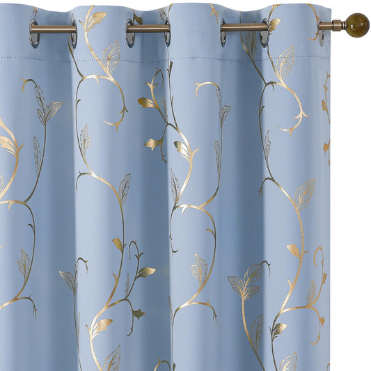 BUHUA Blackout Curtains Gold Foil Print Flower Vine Grommet Drapes, Room Darkening Thermal Insulated Curtains, Noise Reducing Blackout Curtain for Bedroom, Blue, 52Wx84L, 2 Panels
