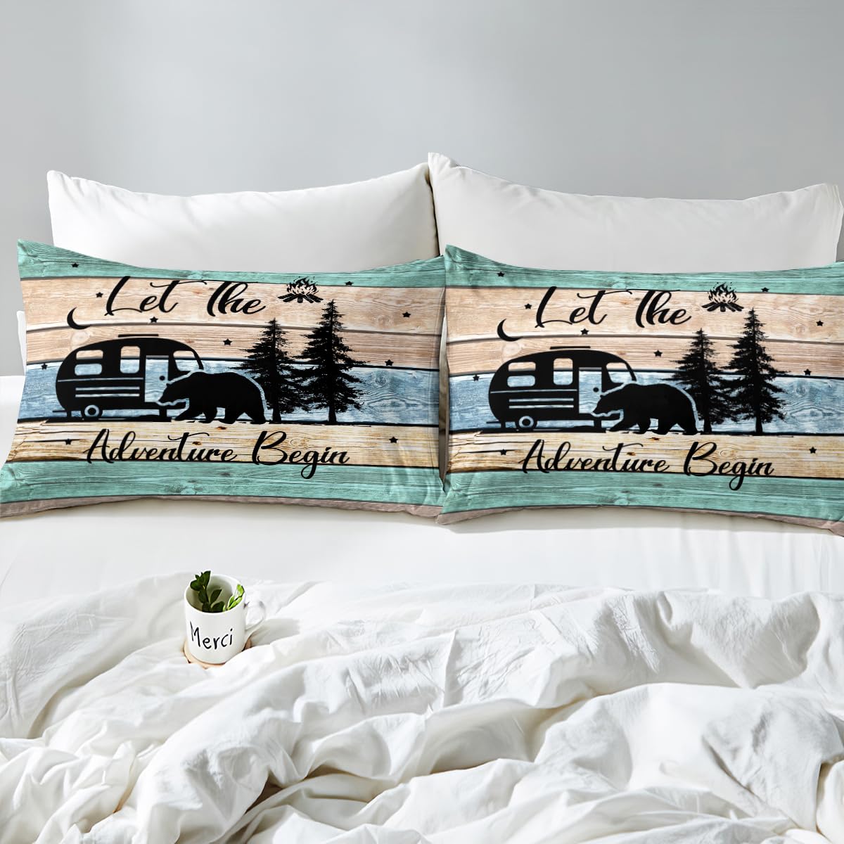 Camper Bedding 2 Pieces, Rustic Farmhouse Style Fitted Sheet Happy Camping Bedding Set for Teens Adult Camping Fitted Bed Sheets,Black Sketch Drawing Bear Decor Bedding, Twin Size