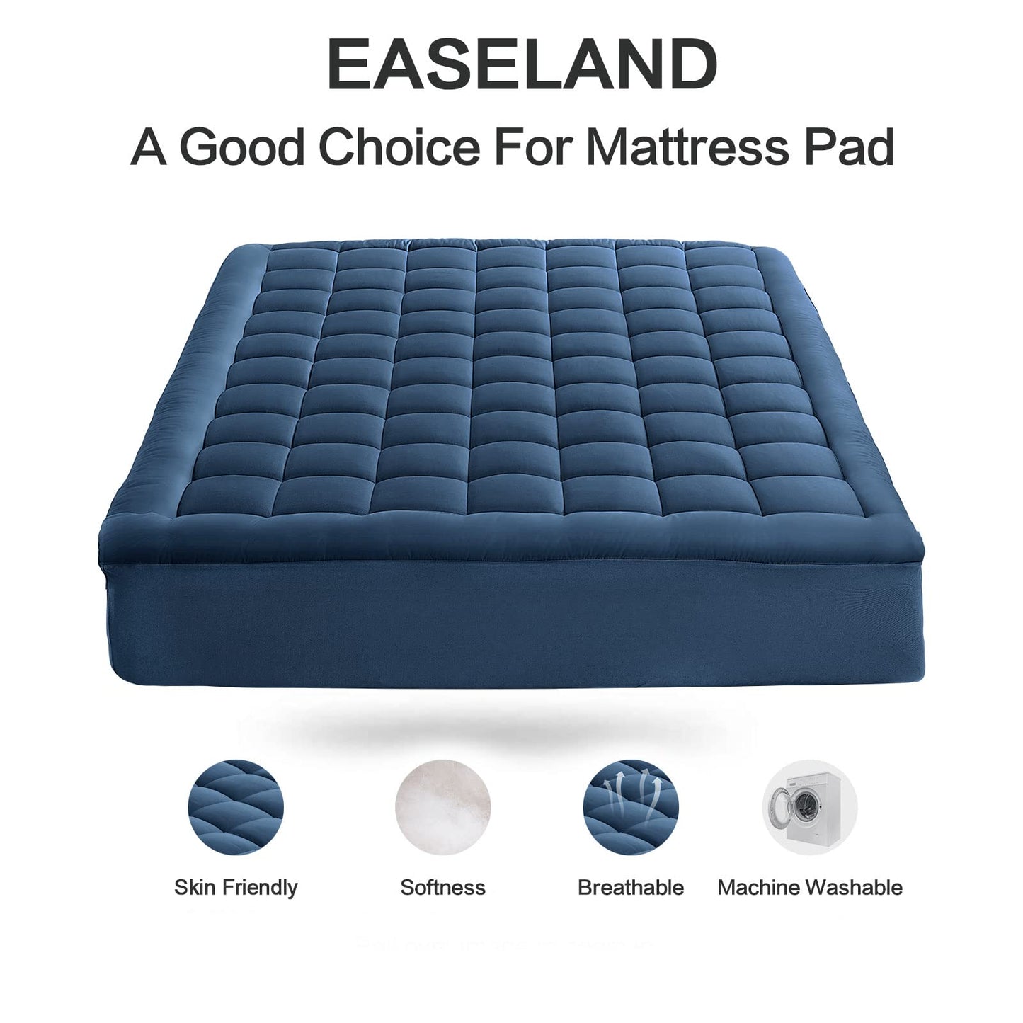 EASELAND Queen Size Mattress Pad Pillow Top Mattress Cover Quilted Fitted Mattress Protector 8-21" Deep Pocket Cooling Mattress Topper (60x80 Inches, Dark Blue)