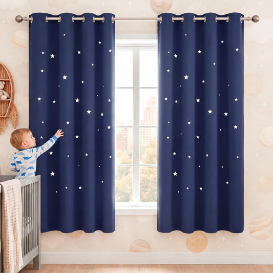 NICETOWN Kids Blackout Curtains for Bedroom - Hollow Star Space Inspired Night Sky Twinkle Blue Children Star Curtain, Window Drape (1 Panel, 52 x 63 inches Panel, Navy Blue)