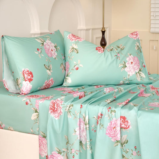 Huborise Blue Floral Bed Sheets King Size 100% Cotton Percale Sheets Shabby-Chic Pink Flower Rustic Bed Set Peony Printed Coquette Vintage Bedding, Soft Breathable Crisp, Deep Pocket 17.5'', 4 Pieces