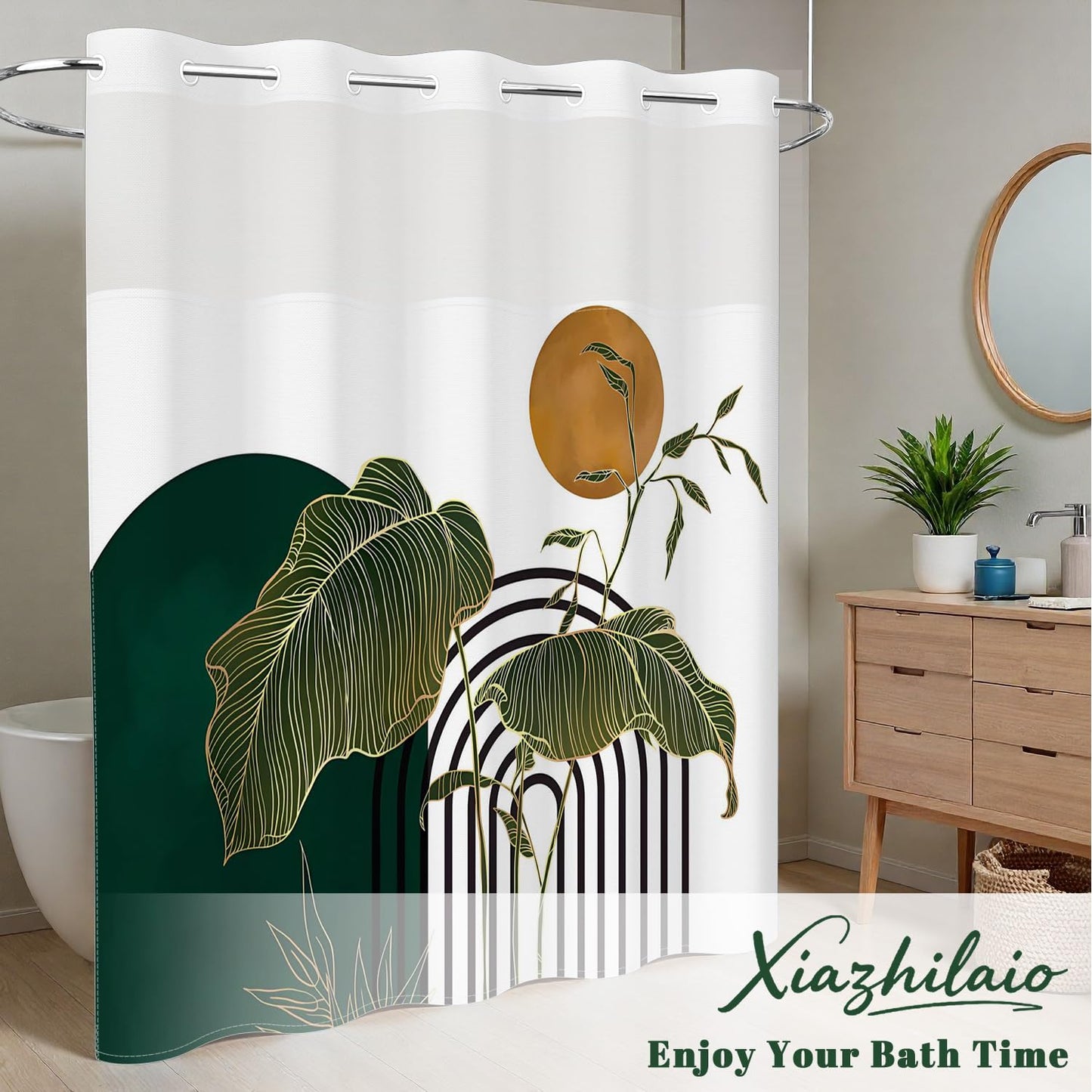 Xiazhilaio Abstract Monstera Leaf Shower Curtain No Hooks with Liner - 71″W x 74″L Waterproof Fabric with Mesh Top Window, Boho Sun & Geometric Print Bath Curtain for Modern Tropical Bathroom Decor