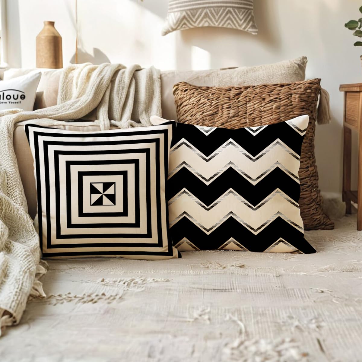 ULOVE LOVE YOURSELF Square Decorative Throw Pillows Cushion Covers Black& Beige Stripes Modern Geometry Print Home Pillowcases 18 X 18 Inch,4 Pack(Black)