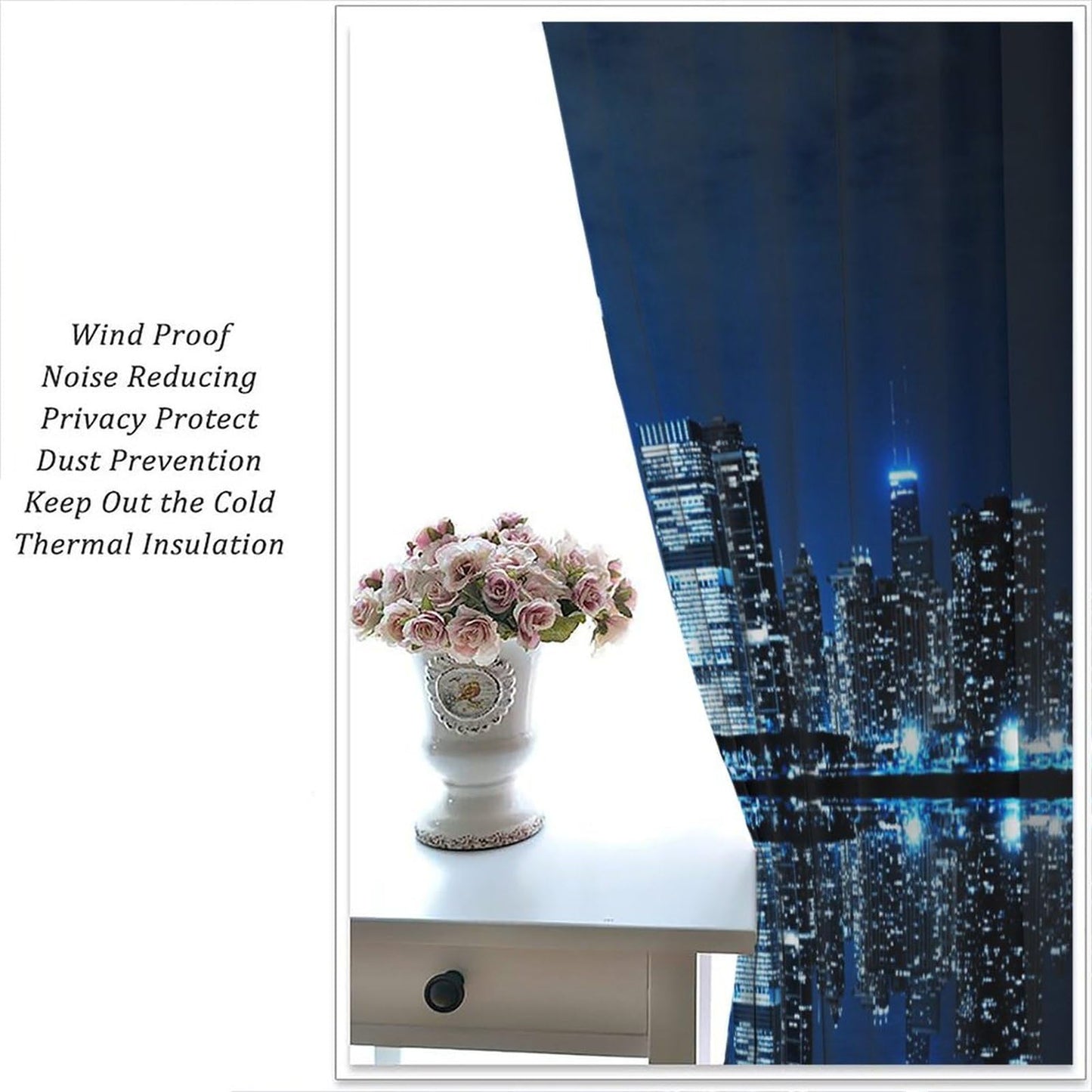 AAVEUP New York Night Curtains, 3D Ocean Manhattan City Architecture Neon Light Scenery Decor Window Treatments, Thermally Insulated Rod Pocket Drapes for Boys Girls Bedroom Living Room 42x45in