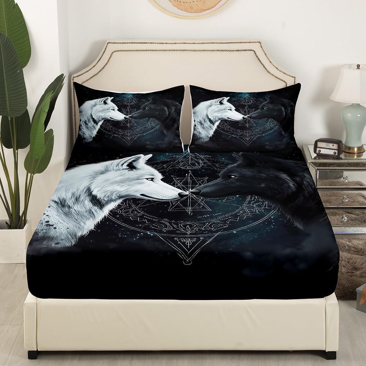 Castle Fairy Black White Wolf Bed Sheets Full Size,Sun Moon Starry Sky Bedding Set 4Pcs for Kids Boys Men Adult Room Decor,Wild Animals Fitted Sheet Cool Black Soft Top Flat Sheet,2 Pillowcases
