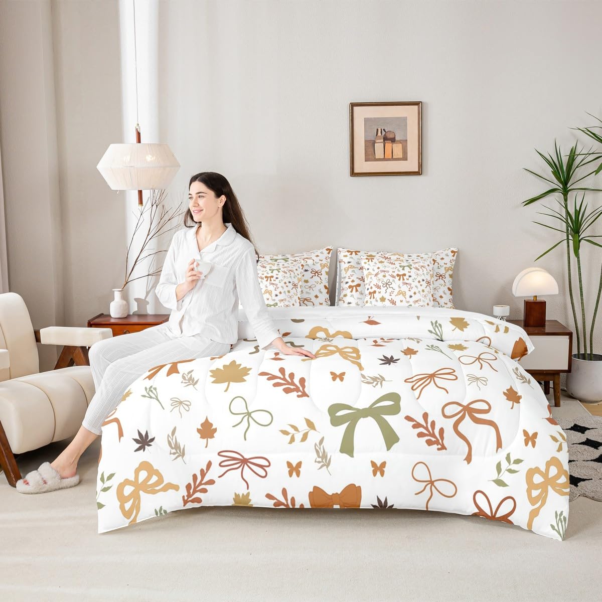 7 Pieces Fall Style Bow Comforter Set Full Size,Orange Green Bowknot Bedding Sets Kids Girls Boys Women Palm Leaves Rustic Boho Quilt + Fitted & Flat Sheets + 2 Cushion Cover + 2 Pillowcases