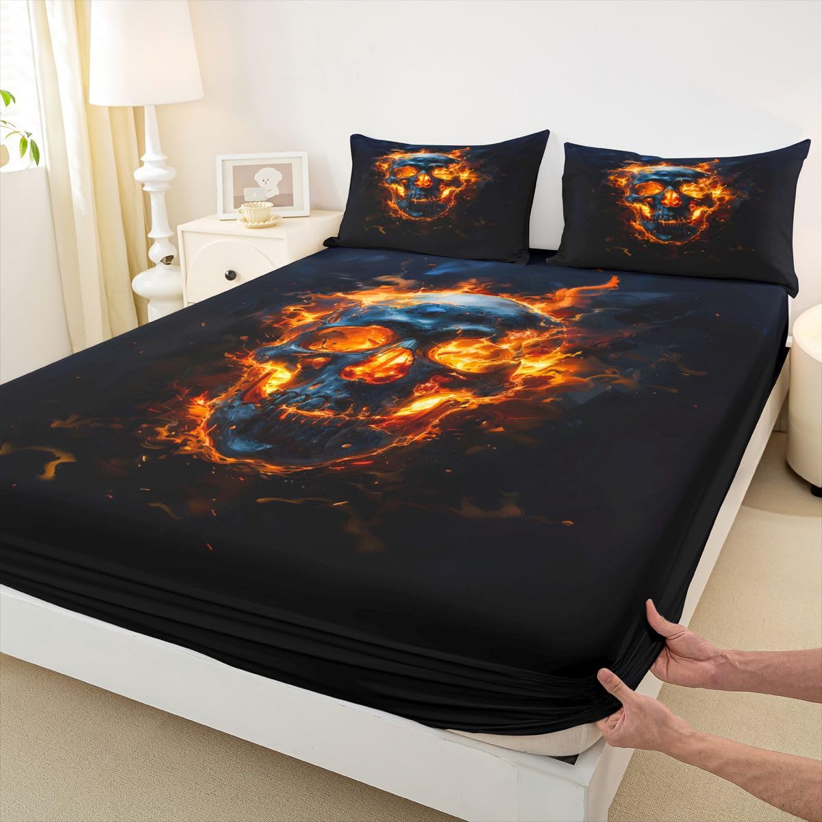 Feelyou Sugar Skull Bed Sheets Set Full Size Halloween Themed Deep Pocket Fitted Sheet Flame Bedding Sets Goth Soft Bed Set 4Pcs with 2 Pillow Cases Cemetery