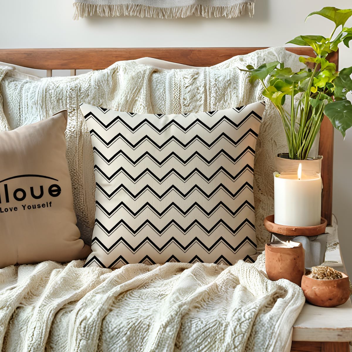 ULOVE LOVE YOURSELF Square Decorative Throw Pillows Cushion Covers Black& Beige Stripes Modern Geometry Print Home Pillowcases 18 X 18 Inch,4 Pack(Black)