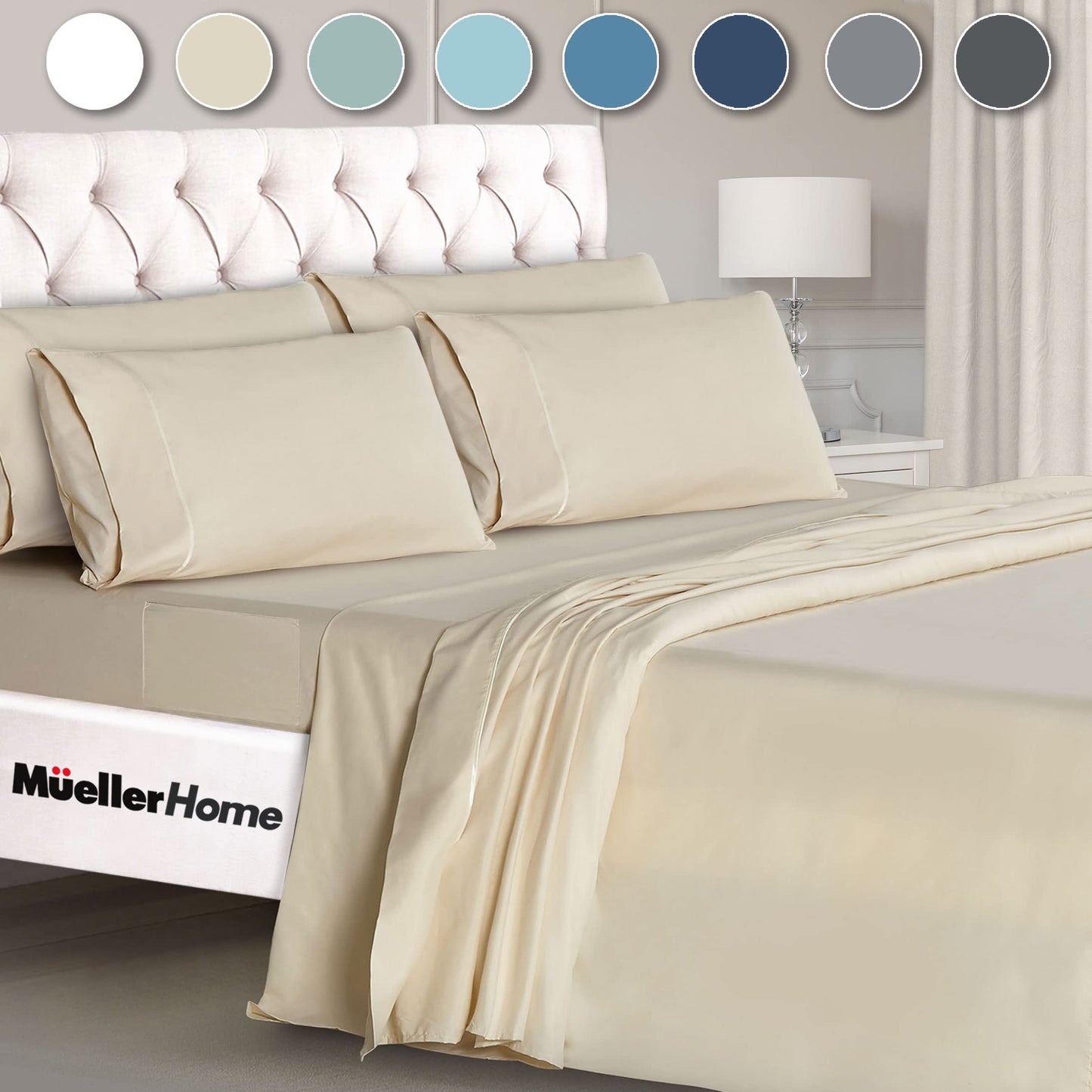 Mueller UltraTemp King Size Sheets Set – 6 Piece Premium Bedding, Silky Soft, Cooling, Deep Pocket up to 16", Breathable Heat Transfer, Wrinkle-Resistant & Hypoallergenic, Cream