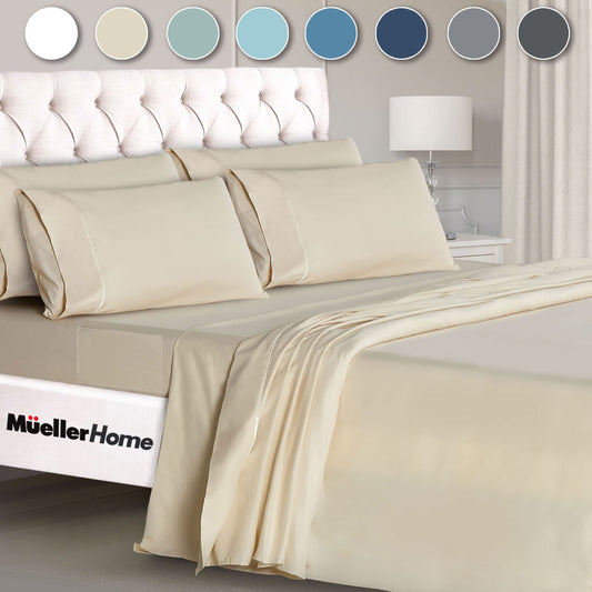 Mueller UltraTemp King Size Sheets Set – 6 Piece Premium Bedding, Silky Soft, Cooling, Deep Pocket up to 16", Breathable Heat Transfer, Wrinkle-Resistant & Hypoallergenic, Cream