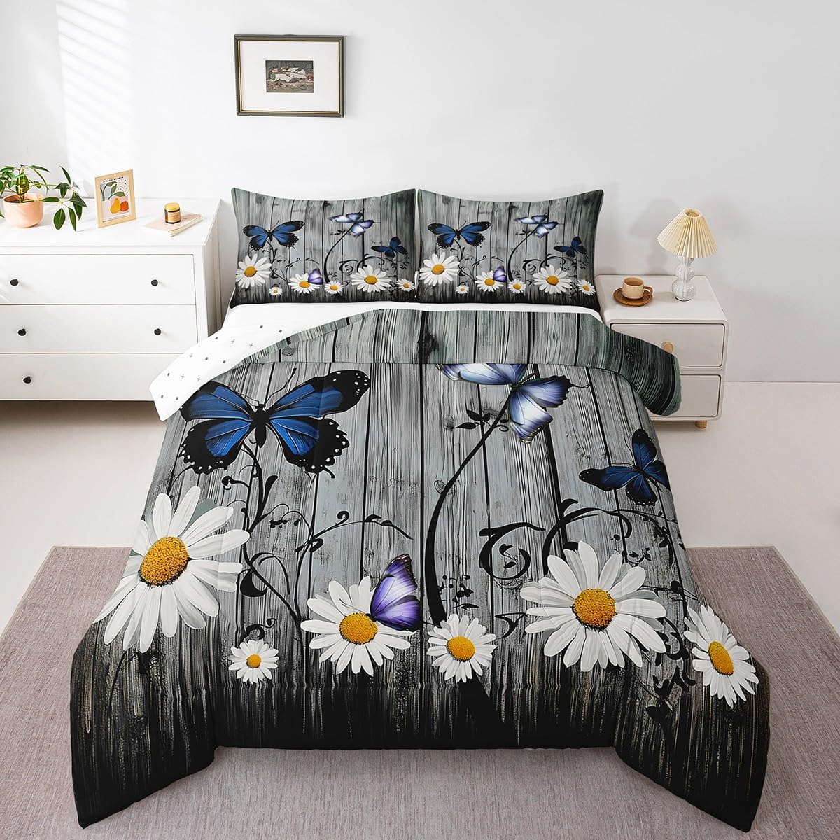 Erosebridal Daisy Comforter Set, Rustic Flower Duvet Sets for Kids Boys Teens Adult, Butterfly Wood Bedding Set Farmhouse Country Daisy Bedding Comforters 3Pcs with 2 Pillow Cases, Queen Size