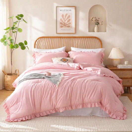 JANZAA Baby Pink Comforter Set Queen – Soft Microfiber, Lightweight All Season Bedding, Ruffle Shabby Chic Aesthetic, Breathable Cozy Bed Set with 2 Pillow Shams, Machine Washable