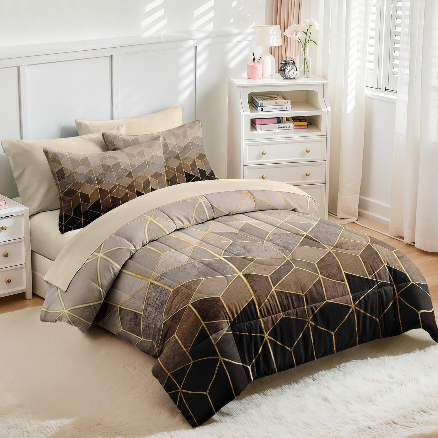 Nesker Comforter Set Queen Size, Black Golden Gradient Cubic 7 Pcs Bedding for Kids and Adults, Brown Modern Geometric Bed Sheet Sets with Fitted Sheet 2 Pillowcases & 2 Shams
