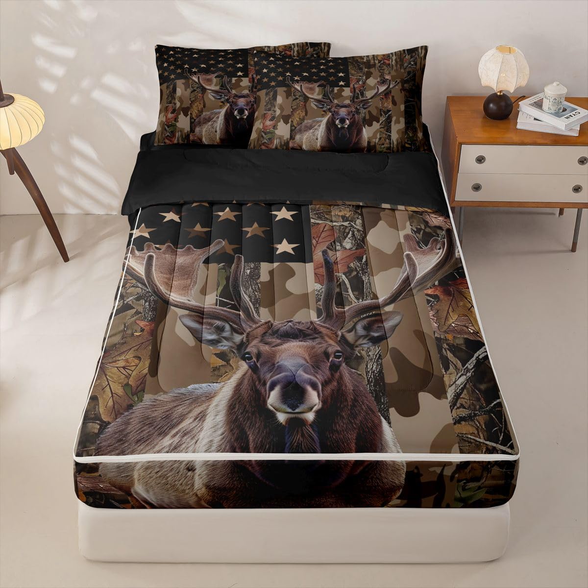 jejeloiu Moose Elk Hunting Camo Comforter Set Twin Rustic Western Deer Zipper Bedding Set for Kids Boys Girls American Flag Bed in a Bag Brown Camouflage Microfiber with 2 Pillow Cases