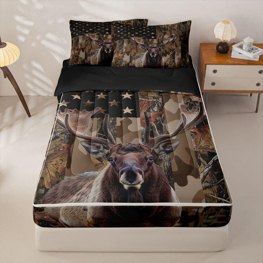 jejeloiu Moose Elk Hunting Camo Comforter Set Twin Rustic Western Deer Zipper Bedding Set for Kids Boys Girls American Flag Bed in a Bag Brown Camouflage Microfiber with 2 Pillow Cases