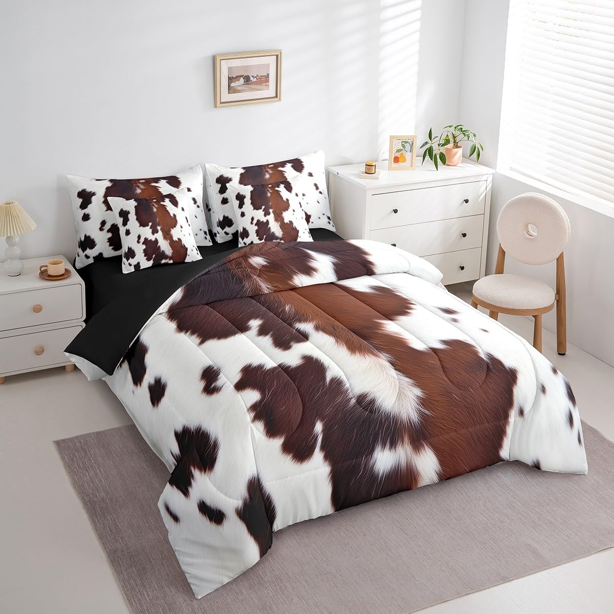 Erosebridal Cute Cowhide King Bed in A Bag 7 Piece for Teens Cow Print Western Comforter Set with Sheet Black Brown Cow Spots Bedding Set for Boys Adult Women Farm Animal Skin Bedding Comforter Set