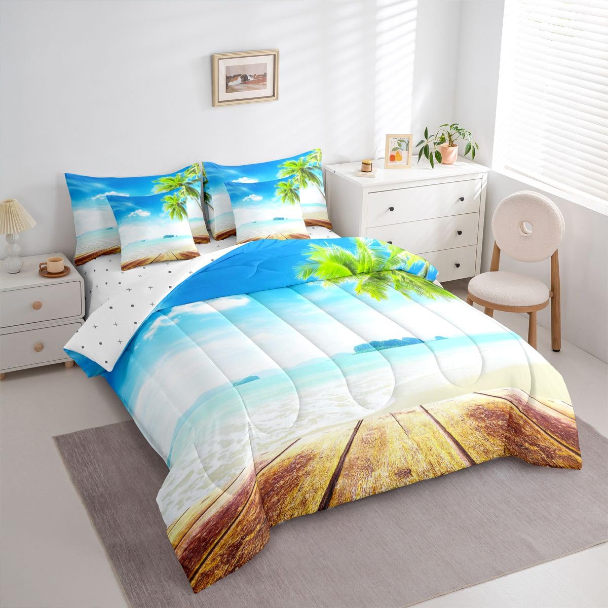 Erosebridal Beach Comforter Set King Size 7 Pieces, Ocean Bed in A Bag, Tropical Palm Tree Hawaiin Bedding Set with Comforters, Sheets, Pillowcases Coastal Nature Theme Bedroom Decor