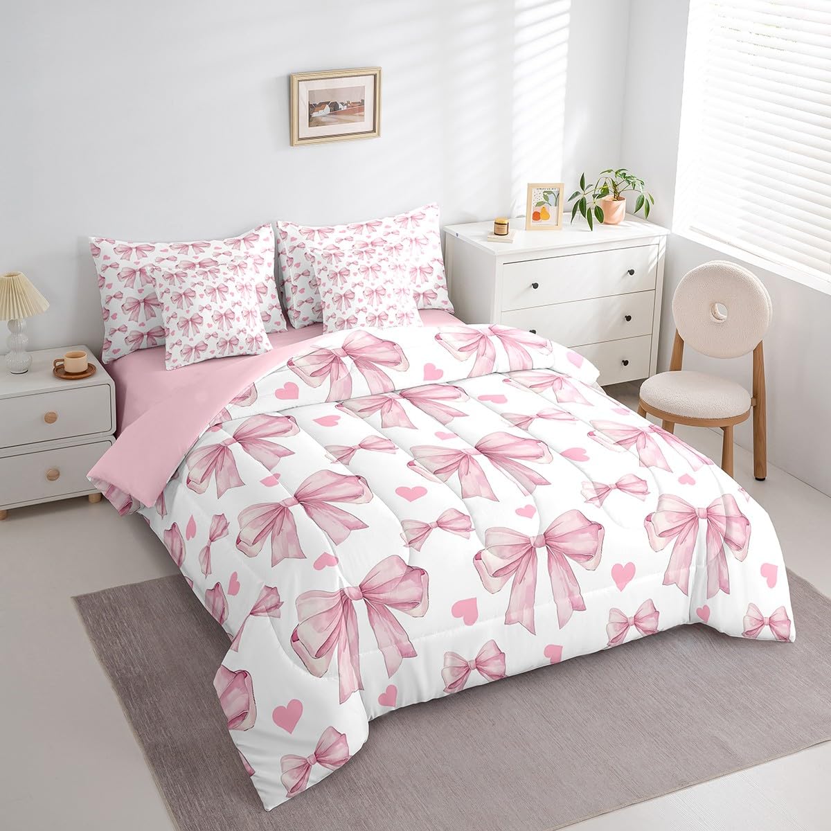 Erosebridal 7 Piece Pink Bowknot Kids Comforter Set King Bed in a Bag,Dreamy Princess Style Girls Bedding Set,Teens Romantic Love Heart Pattern Duvet Insert,Geometric Heart Bow Valentine Sheet Set