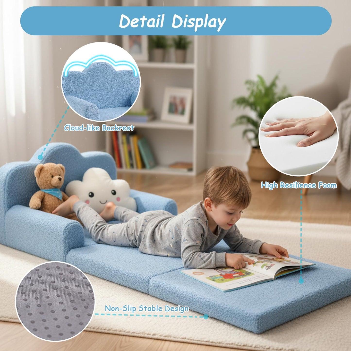 Tiita Kids Sofa, 2-in-1 Soft Toddler Couch Fold Out, Cloud-Like Comfy Couch Toddler Reading Chair with Carrying Handle Washable Cover, Kids Furniture for Boys and Girls