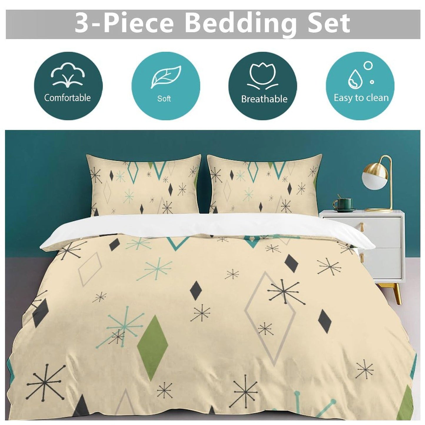 Focusbrite Modern Mid Century Duvet Cover, Vintage Geometry Bedding Sets Soft Comforter Cover，Aesthetic Abstract Art Bedding 3 Piece (1 Duvet Cover 86"x70" + 2 Pillow Sham 20"x30")