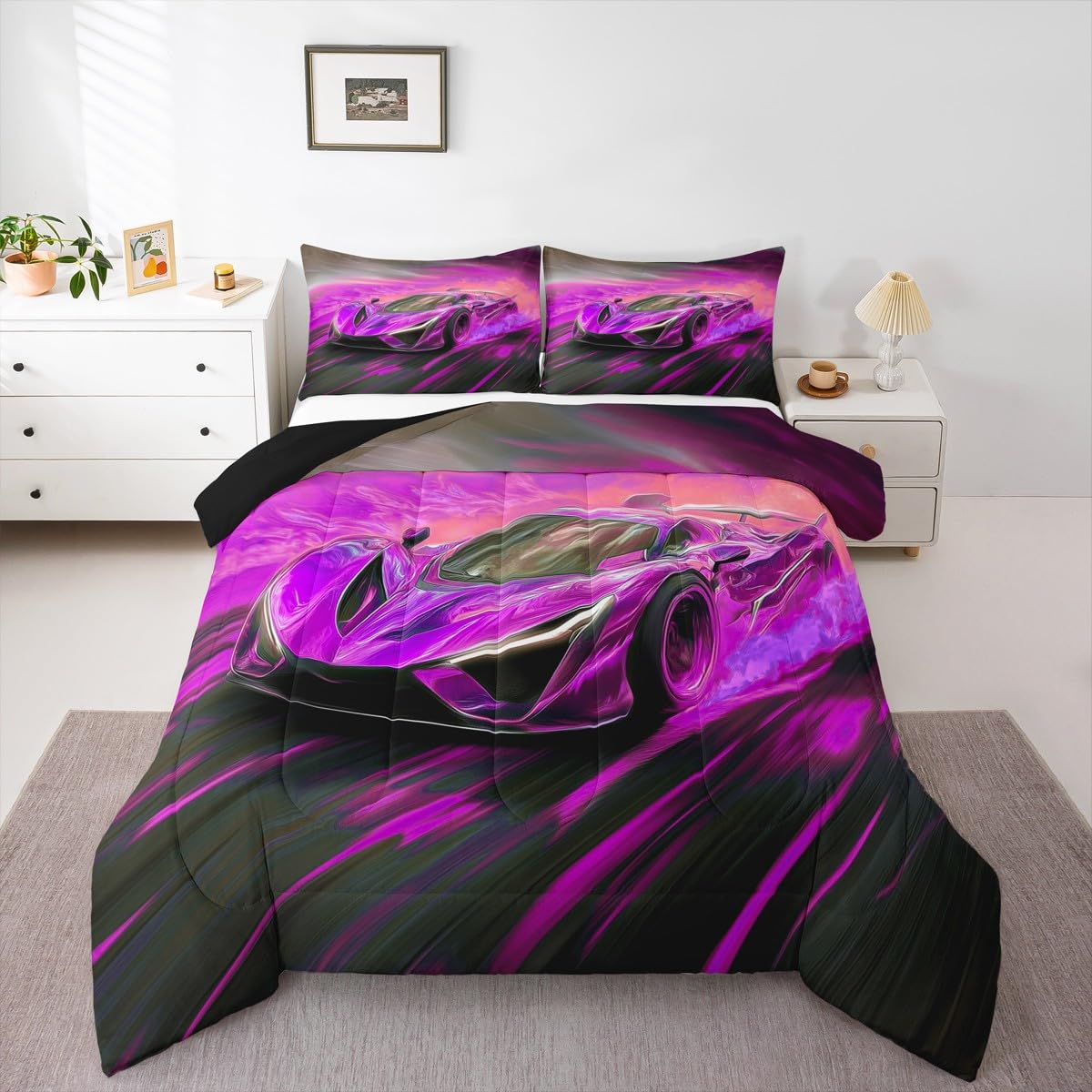 jejeloiu Race Car Comforter Set All Season Cooling Sports Car Bedding Set with 1 Pillow Cases Extreme Sports Microfiber Kids Twin Bedclothes Purple Bedroom Decor Duvet Quilt Breathable