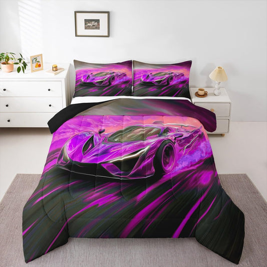 jejeloiu Race Car Comforter Set All Season Cooling Sports Car Bedding Set with 1 Pillow Cases Extreme Sports Microfiber Kids Twin Bedclothes Purple Bedroom Decor Duvet Quilt Breathable
