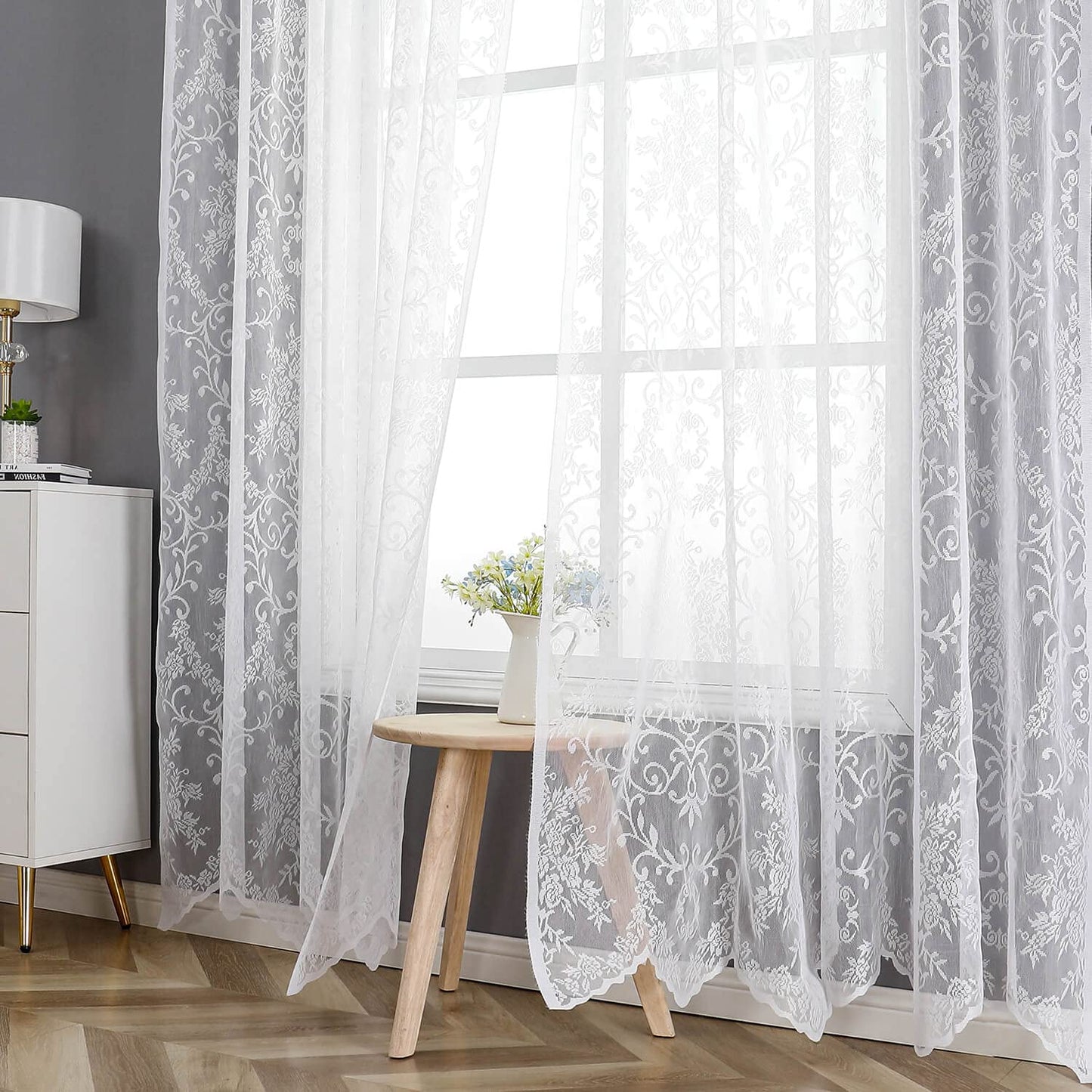 WUBODTI 84 Inch White Lace Curtains with Valances Attached 2 Panels, Floral Embroidered Semi Sheer Window Curtain Lace Tulle Rod Pocket Window Drapes with Valance for Living Room Bedroom Balcony