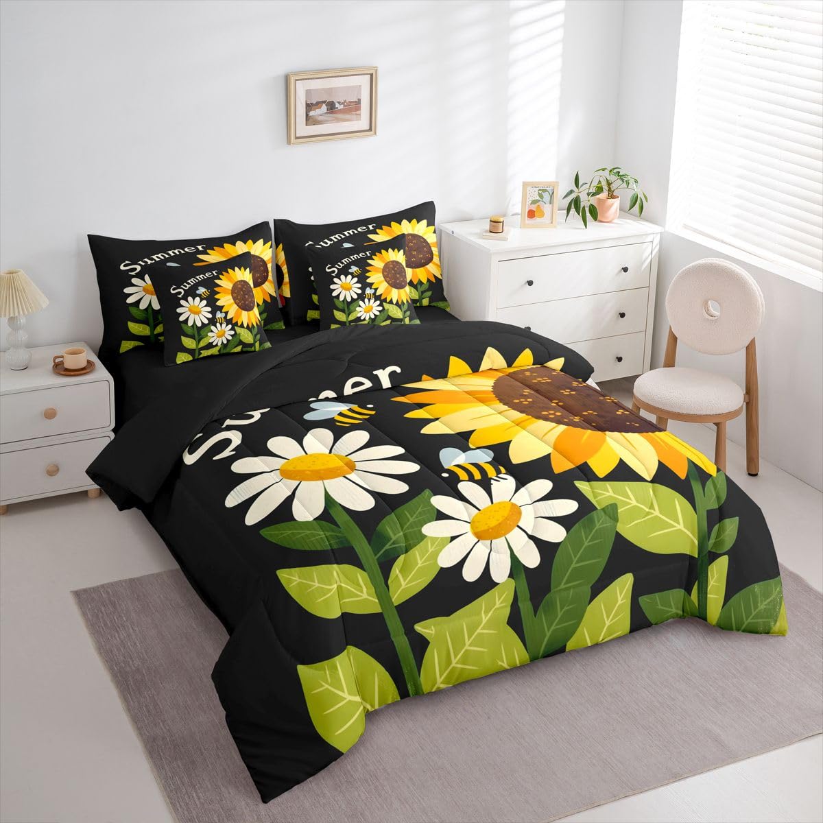 Erosebridal Summer Sunflower Bee Queen Bedding Set Retro Floral Bee Comforter Set with Flat and Fitted Sheet Kids Boys Girls Boho Garden 7-Piece Bed in a Bag Minimalist Floral Art Quilt Sets