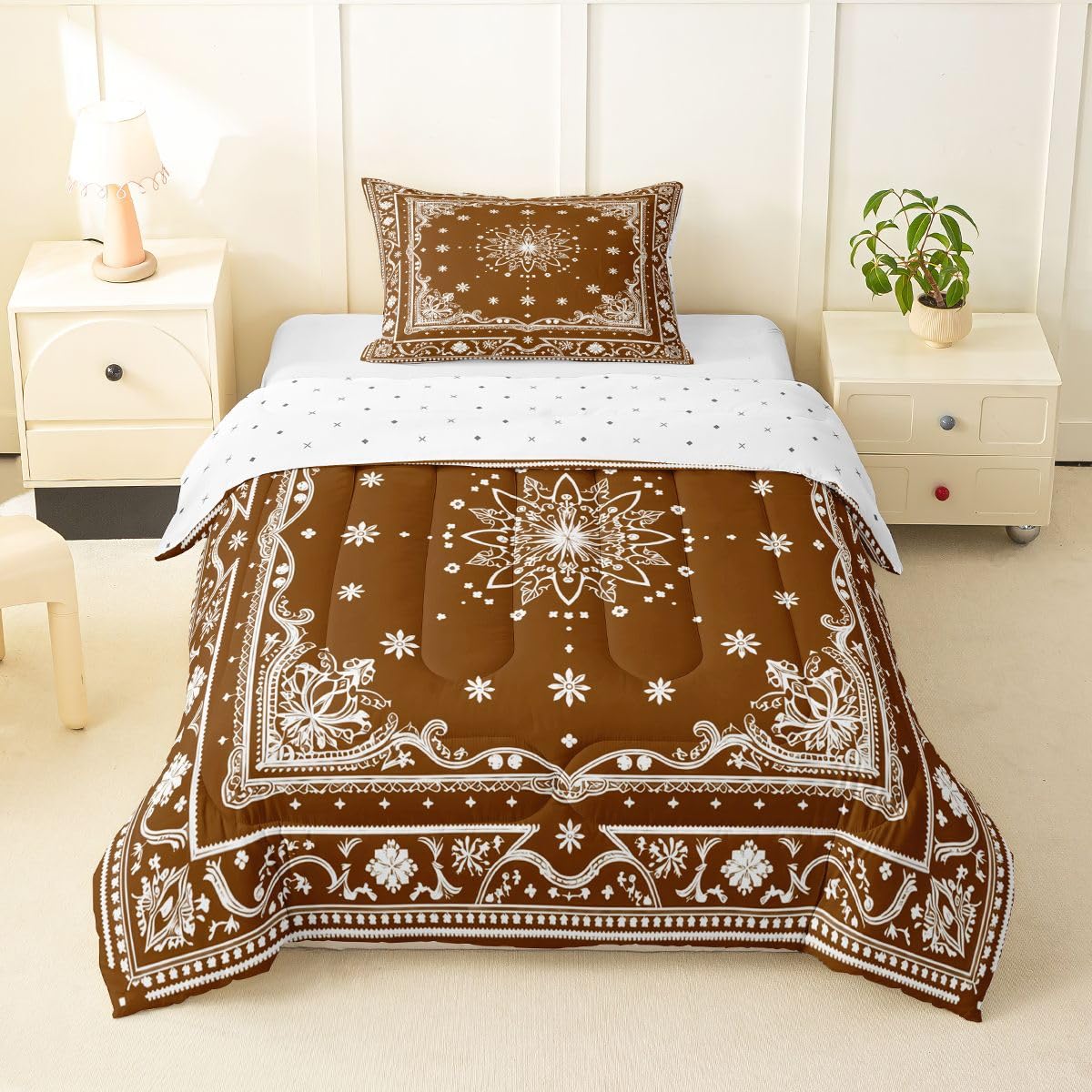 Feelyou Flower Kids Comforter Set Toddler Size Paisley Bedding Set Boho Paisley Brown Print Duvet Quilt for Kids Boys Girls Bedroom Bohemian Exotic Style Decor Microfiber Ultra Soft Breathable