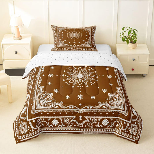 Feelyou Flower Kids Comforter Set Toddler Size Paisley Bedding Set Boho Paisley Brown Print Duvet Quilt for Kids Boys Girls Bedroom Bohemian Exotic Style Decor Microfiber Ultra Soft Breathable