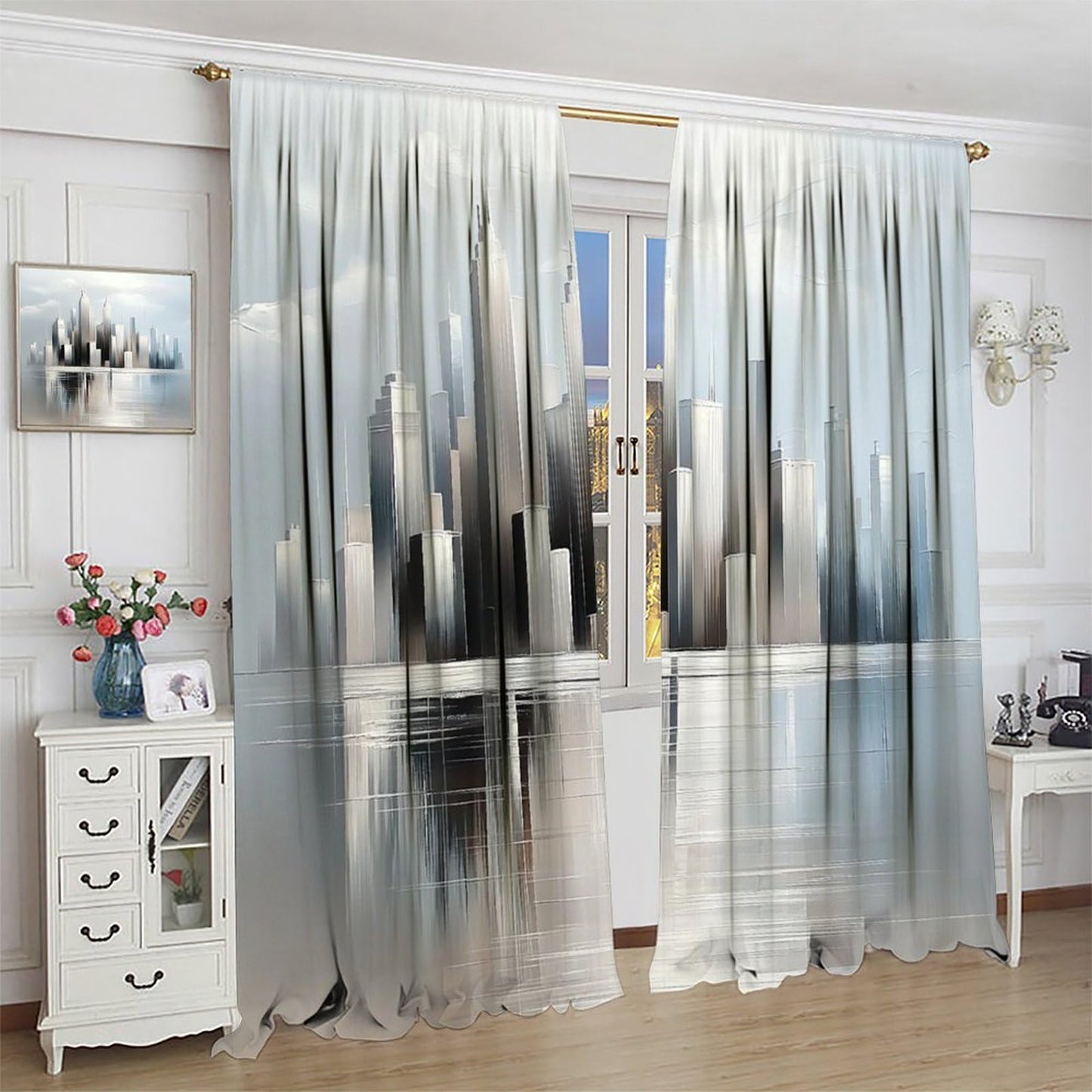 WDHTEXT Art Deco Painting Blackout Window Curtain Panels, Cityscape Abstract Rod Pocket Window Drapes for Living Room Bedroom, 2 Panels, Each 21W x 45L