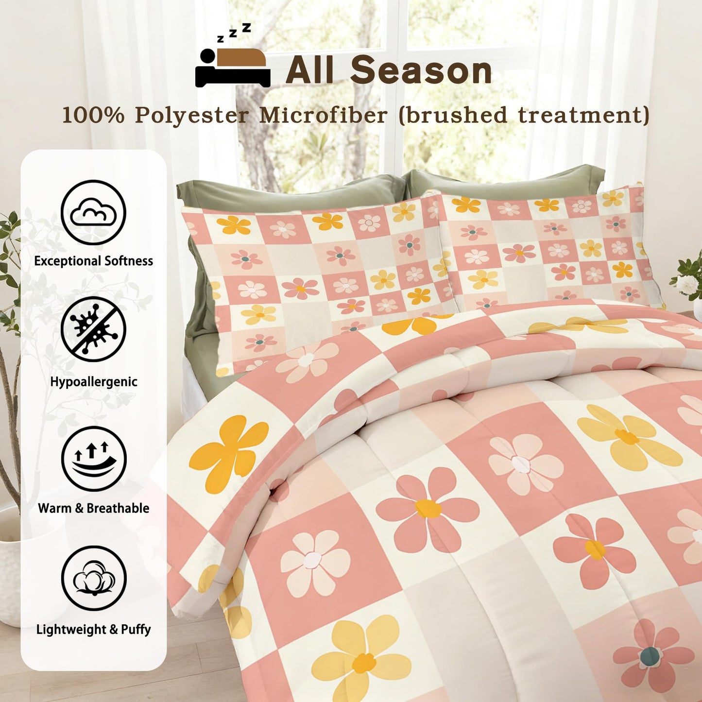 TANCAPRIUM Retro Floral Comforter Set Twin - 70s Flower Bedding Set & 2 Pilow Cases for All Season - Soft Reversible Down Alternative 3 Piece. Retro Bedrom Decor